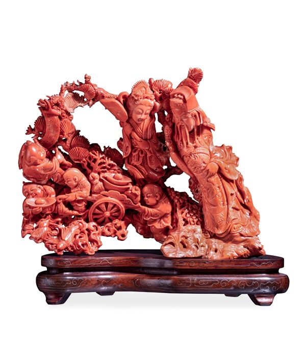 Gruppo in corallo raffigurante carro e figure, Cina, inizi XX secolo