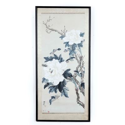 Cina, Dinastia Qing, Dipinto su seta raffigurante rami di peonia, XIX secolo