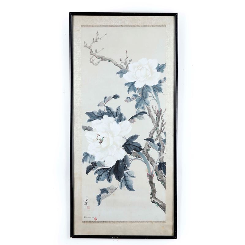 Dipinto su seta raffigurante rami di peonia, Cina, Dinastia Qing, XIX secolo  - Asta Arte Asiatica - Cambi Casa d'Aste