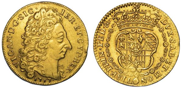 REGNO DI SARDEGNA. VITTORIO AMEDEO II di SAVOIA. IL PRIMO RE SABAUDO,1675-1680 (III periodo, Re di Sicilia, 1713-1718). Doppia 1717. Torino.