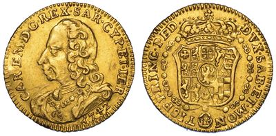 Regno di Sardegna. Carlo Emanuele III di Savoia, 1730-1755 (i Periodo). Mezza Doppia Vecchia 1742...