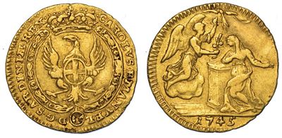 Regno di Sardegna. Carlo Emanuele III di Savoia, 1730-1755 (i Periodo). Mezzo Zecchino 1745. Tori...
