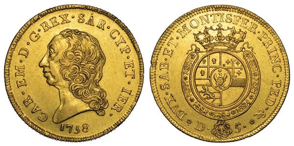 REGNO DI SARDEGNA. CARLO EMANUELE III DI SAVOIA, 1755-1773 (II PERIODO). Carlino da 5 doppie 1758.