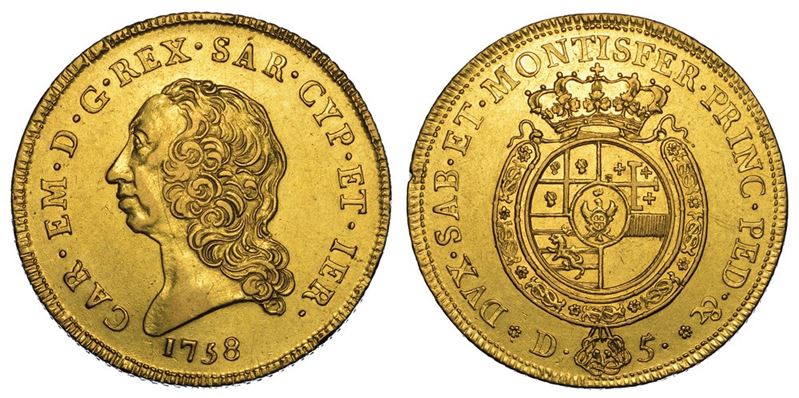 REGNO DI SARDEGNA. CARLO EMANUELE III DI SAVOIA, 1755-1773 (II PERIODO). Carlino da 5 doppie 1758.  - Auction Numismatics - II - Cambi Casa d'Aste
