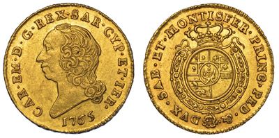 Regno di Sardegna. Carlo Emanuele III di Savoia, 1755-1773 (II Periodo). Mezza Doppia Nuova 1765....