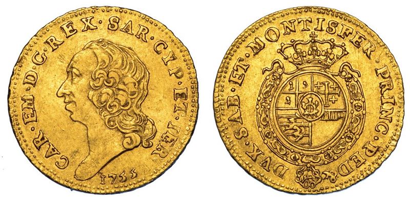 REGNO DI SARDEGNA. CARLO EMANUELE III DI SAVOIA, 1755-1773 (II PERIODO). Quarto di Doppia Nuova 1755. Torino.  - Auction Numismatics - II - Cambi Casa d'Aste