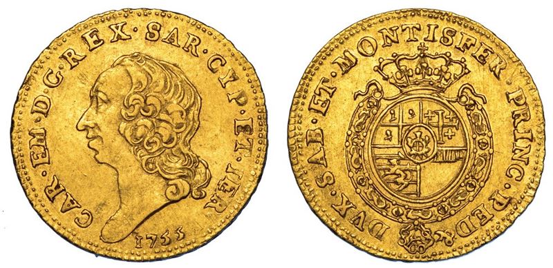 REGNO DI SARDEGNA. CARLO EMANUELE III DI SAVOIA, 1755-1773 (II PERIODO). Quarto di Doppia Nuova 1755. Torino.  - Asta Numismatica - II - Cambi Casa d'Aste