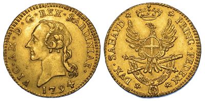 Regno di Sardegna. Vittorio Amedeo III di Savoia, 1773-1796. Mezza Doppia Nuova 1794. Torino.