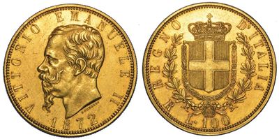 Regno D'italia. Vittorio Emanuele II di Savoia, 1861-1878. 100 Lire 1872. Roma.