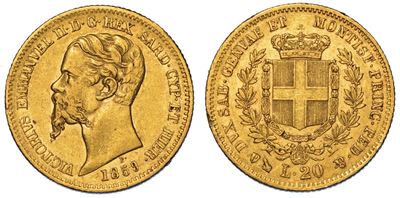 Regno di Sardegna. Vittorio Emanuele II di Savoia, 1849-1861. 20 Lire 1859. Genova.