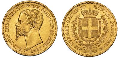 Regno di Sardegna. Vittorio Emanuele II di Savoia, 1849-1861. 20 Lire 1857. Torino.