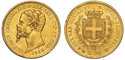 Regno di Sardegna. Vittorio Emanuele II di Savoia, 1849-1861. 20 Lire 1852. Genova.