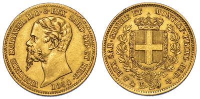 Regno di Sardegna. Vittorio Emanuele II di Savoia, 1849-1861. 20 Lire 1854. Genova.