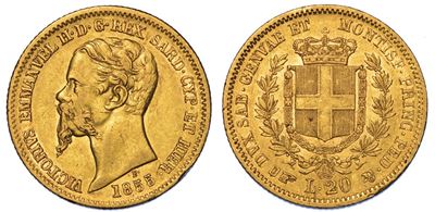 Regno di Sardegna. Vittorio Emanuele II di Savoia, 1849-1861. 20 Lire 1855. Torino.