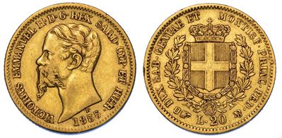 Regno di Sardegna. Vittorio Emanuele II di Savoia, 1849-1861. 20 Lire 1855. Torino.