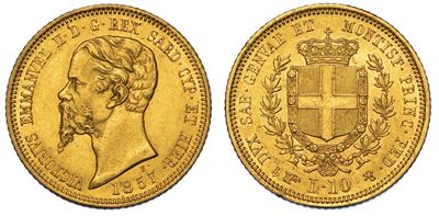 Regno di Sardegna. Vittorio Emanuele II di Savoia, 1849-1861. 10 Lire 1857. Torino.