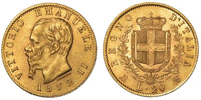 Regno D'italia. Vittorio Emanuele II di Savoia, 1861-1878. 20 Lire 1872. Milano.