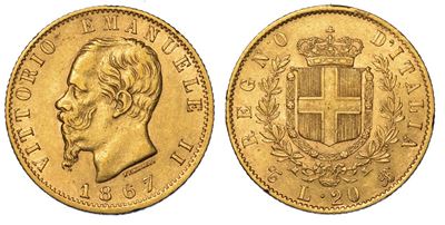 Regno D'italia. Vittorio Emanuele II di Savoia, 1861-1878. 20 Lire 1867. Torino.