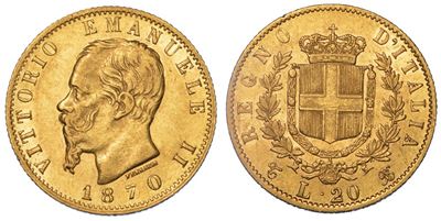 Regno D'italia. Vittorio Emanuele II di Savoia, 1861-1878. 20 Lire 1870. Torino.