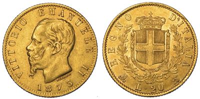 Regno D'italia. Vittorio Emanuele II di Savoia, 1861-1878. 20 Lire 1873. Milano.