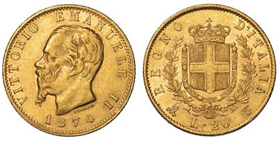 Regno D'italia. Vittorio Emanuele II di Savoia, 1861-1878. 20 Lire 1874. Milano.