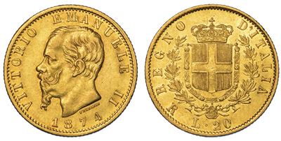 Regno D'italia. Vittorio Emanuele II di Savoia, 1861-1878. 20 Lire 1874. Roma.