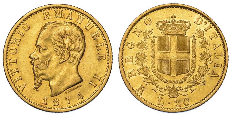 REGNO D'ITALIA. VITTORIO EMANUELE II DI SAVOIA, 1861-1878. 20 Lire 1874. Roma.  - Auction Numismatics - II - Cambi Casa d'Aste