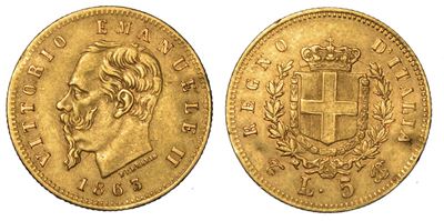 Regno D'italia. Vittorio Emanuele II di Savoia, 1861-1878. 5 Lire 1863. Torino.