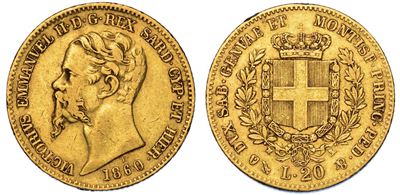 Regno di Sardegna. Vittorio Emanuele II di Savoia, 1849-1861. 20 Lire 1860. Genova.