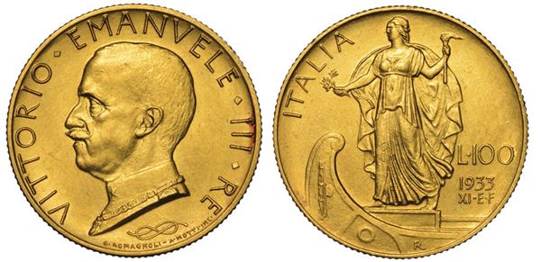 REGNO D'ITALIA. VITTORIO EMANUELE III DI SAVOIA, 1900-1946. 100 Lire 1933/A. XI. Italia su prora.