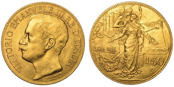 REGNO D'ITALIA. VITTORIO EMANUELE III DI SAVOIA, 1900-1946. 50 lire 1911. Cinquantenario.