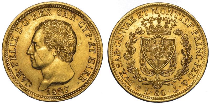 REGNO DI SARDEGNA. CARLO FELICE DI SAVOIA, 1821-1831. 80 Lire 1827. Genova.  - Auction Numismatics - II - Cambi Casa d'Aste