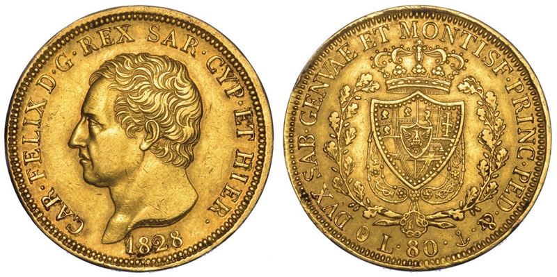 REGNO DI SARDEGNA. CARLO FELICE DI SAVOIA, 1821-1831. 80 Lire 1828. Genova.  - Auction Numismatics - II - Cambi Casa d'Aste