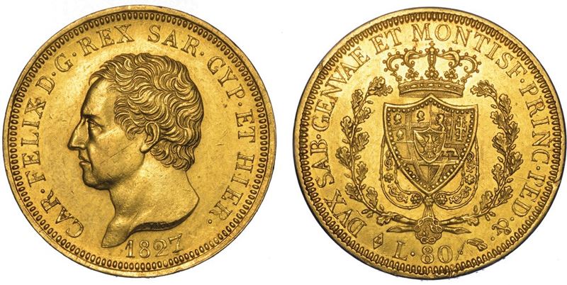 REGNO DI SARDEGNA. CARLO FELICE DI SAVOIA, 1821-1831. 80 Lire 1827. Torino.  - Auction Numismatics - II - Cambi Casa d'Aste