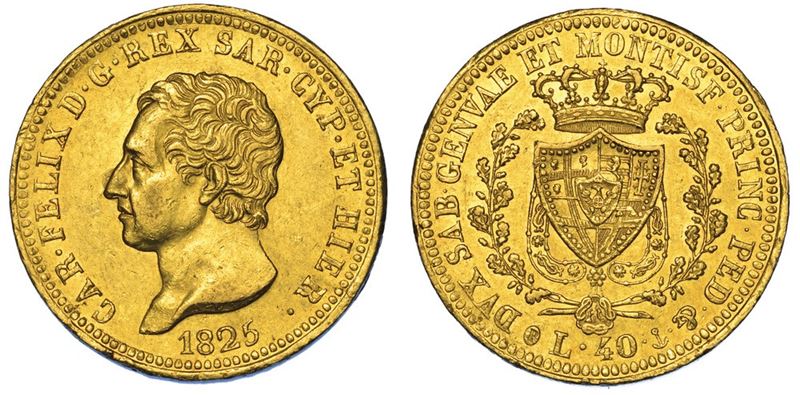 REGNO DI SARDEGNA. CARLO FELICE DI SAVOIA, 1821-1831. 40 Lire 1825. Genova.  - Auction Numismatics - II - Cambi Casa d'Aste