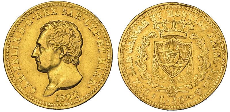 REGNO DI SARDEGNA. CARLO FELICE DI SAVOIA, 1821-1831. 40 Lire 1822. Torino.  - Auction Numismatics - II - Cambi Casa d'Aste