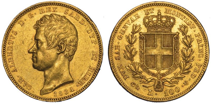 REGNO DI SARDEGNA. CARLO ALBERTO DI SAVOIA, 1831-1849. 100 Lire 1834. Genova.  - Auction Numismatics - II - Cambi Casa d'Aste