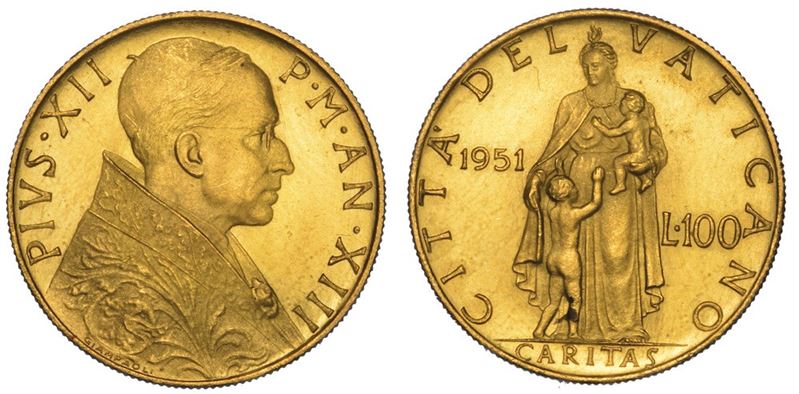 VATICANO. PIO XII, 1939-1958. 100 Lire 1951/A. XIII.  - Auction Numismatics - II - Cambi Casa d'Aste