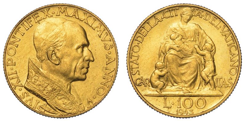 VATICANO. PIO XII, 1939-1958. 100 Lire 1943/A. V.  - Auction Numismatics - II - Cambi Casa d'Aste