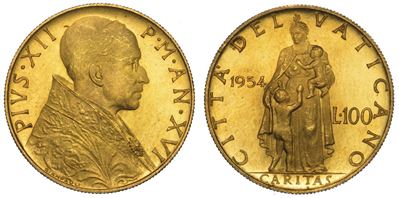 Vaticano. Pio XII, 1939-1958. 100 Lire 1954/a XVI.