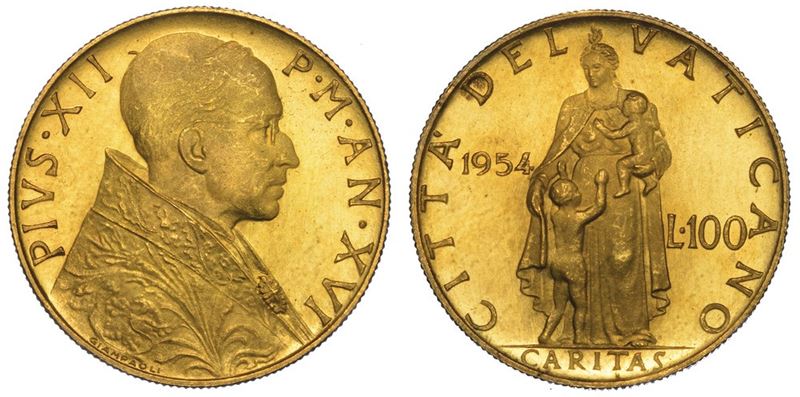 VATICANO. PIO XII, 1939-1958. 100 Lire 1954/A XVI.  - Auction Numismatics - II - Cambi Casa d'Aste