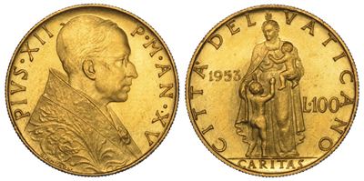 Vaticano. Pio XII, 1939-1958. 100 Lire 1953/a. XV.