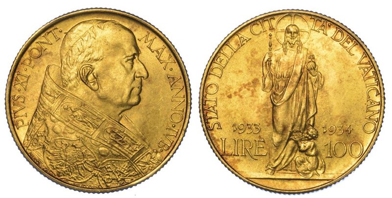 VATICANO. PIO XI, 1922-1939. 100 Lire 1933-1934  - Auction Numismatics - II - Cambi Casa d'Aste