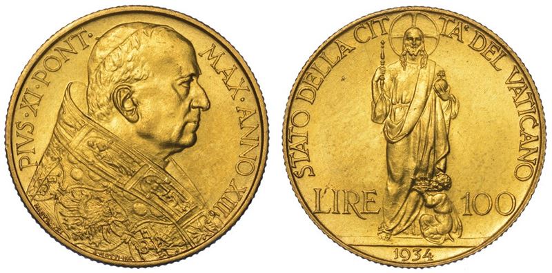 VATICANO. PIO XI, 1922-1939. 100 Lire 1934/A. XIII.  - Auction Numismatics - II - Cambi Casa d'Aste