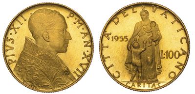 Vaticano. Pio XII, 1939-1958. 100 Lire 1955/a. XVII.