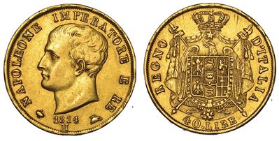 Milano. Napoleone I, 1805-1814. 40 Lire 1814 (II Tipo, Puntali Sagomati).