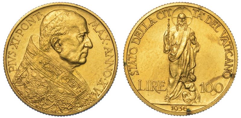 VATICANO. PIO XI, 1922-1939. 100 Lire 1936/A. XV.  - Auction Numismatics - II - Cambi Casa d'Aste