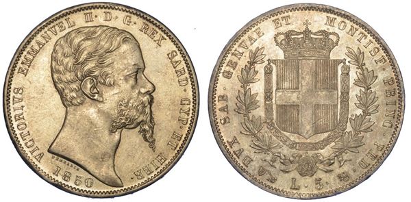 REGNO DI SARDEGNA. VITTORIO EMANUELE II DI SAVOIA, 1849-1861. 5 Lire 1850. Genova.