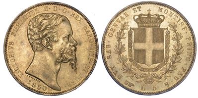 Regno di Sardegna. Vittorio Emanuele II di Savoia, 1849-1861. 5 Lire 1850. Torino.