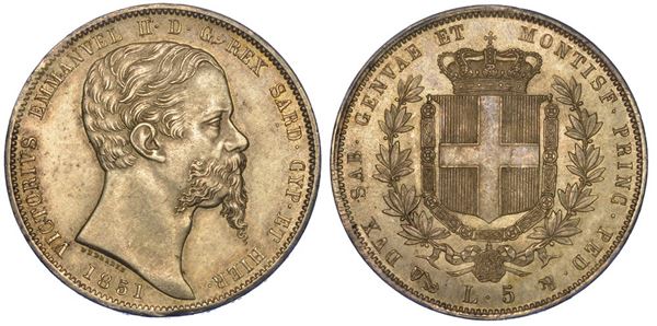 REGNO DI SARDEGNA. VITTORIO EMANUELE II DI SAVOIA, 1849-1861. 5 Lire 1851. Genova.